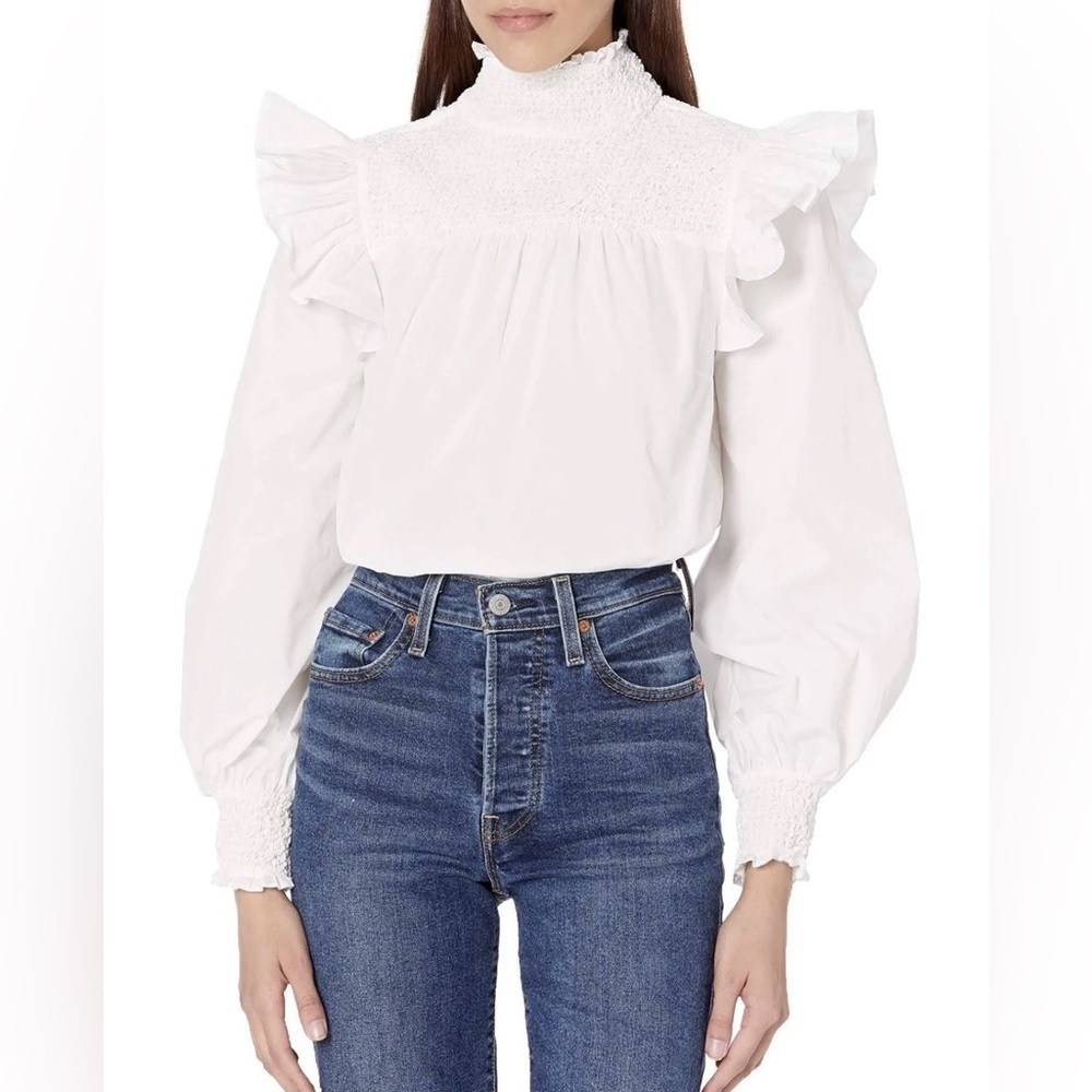 Cinq a Sept Womens River Ruffle Smocked Top Sz XL White Long Sleeve Cottagecore